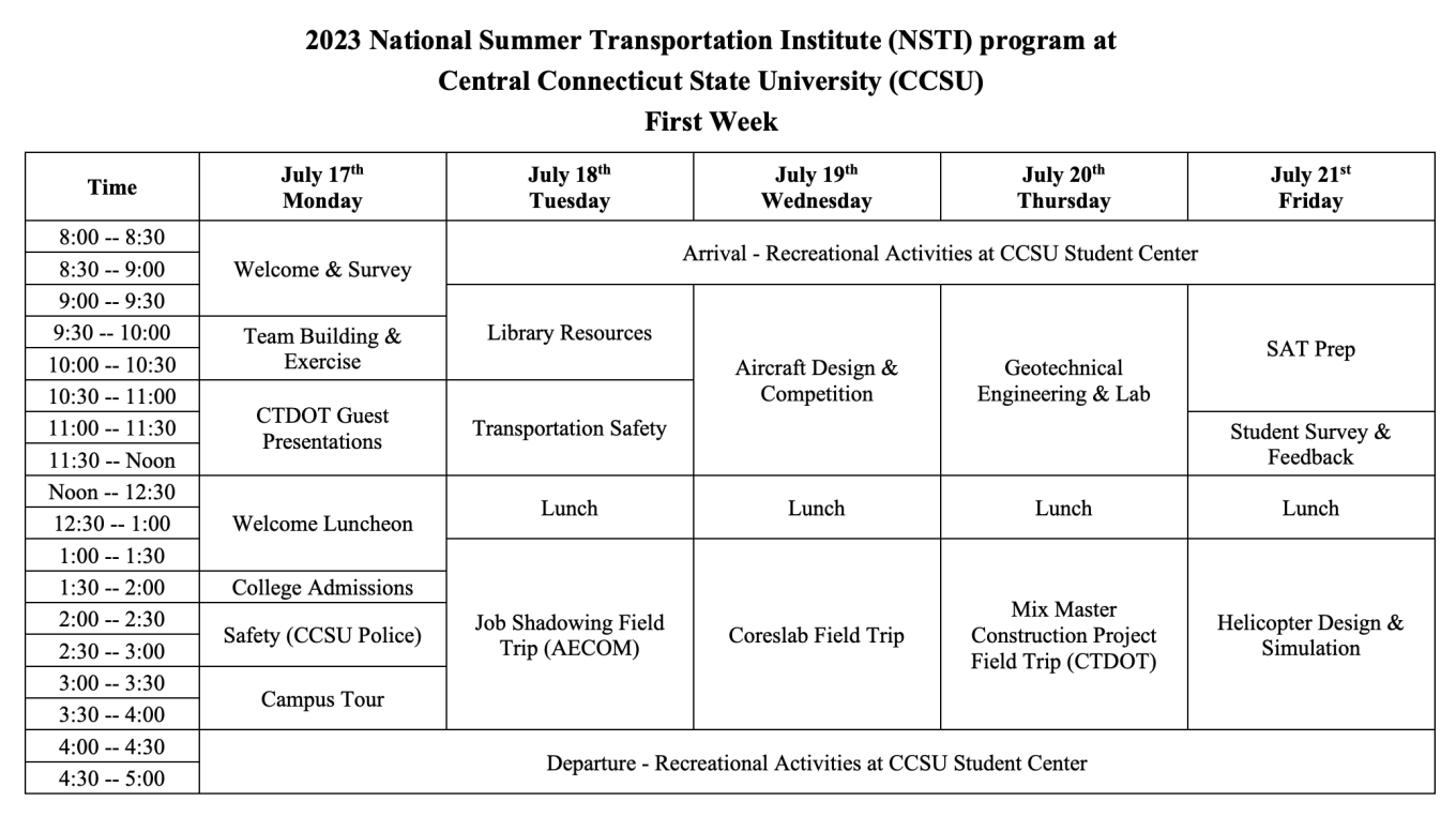 2023 NSTI Schedule Central Connecticut State University